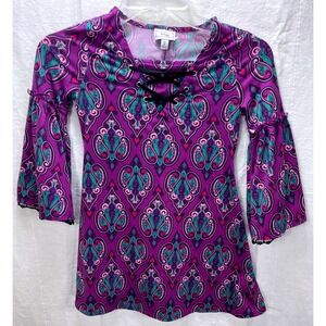D-Signed Girls XS 6 Purple Paisley Lace Up Bell Sleeve Tunic Top Boho